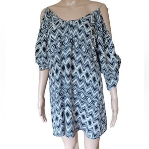 Parker Womens Black Chevron Silk Mini Shift Dress Cold Shoulder Half Sleeve XS